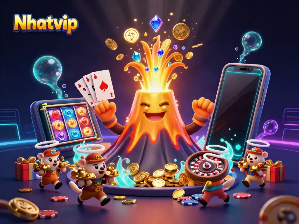 Nhatvip showcases a triumphant golden volcano spouting coins, capturing online gaming excitement.