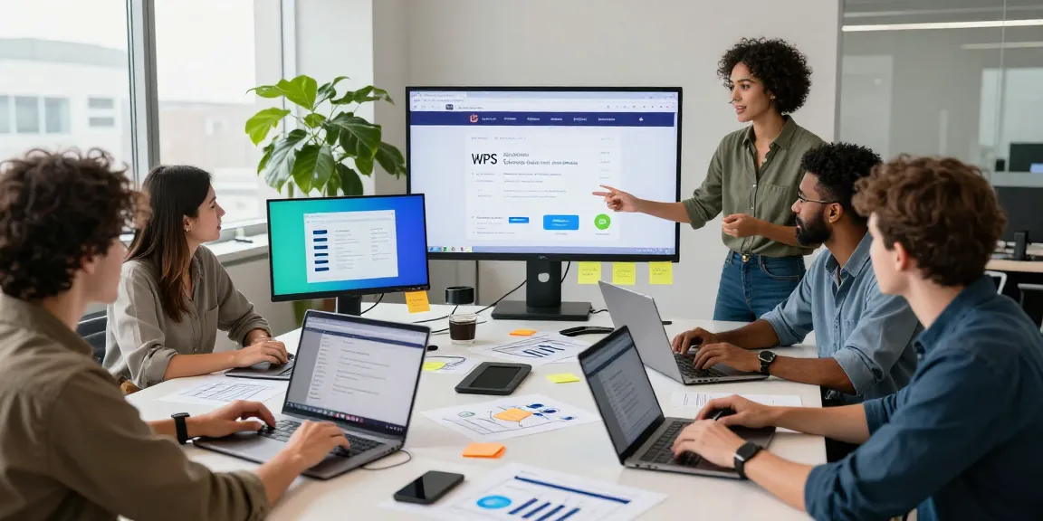 Team collaborating in a modern office showcasing WPS Official Website features on large screen.