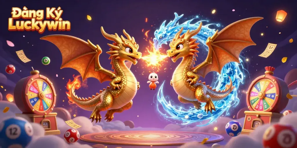Join the excitement of Đăng Ký Luckywin with animated dragons and vibrant lottery elements!