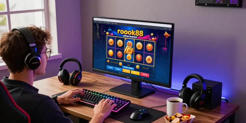 Player enjoying rokok88 alternatif gaming on a vibrant setup with laptop, snacks, and gaming gadgets.