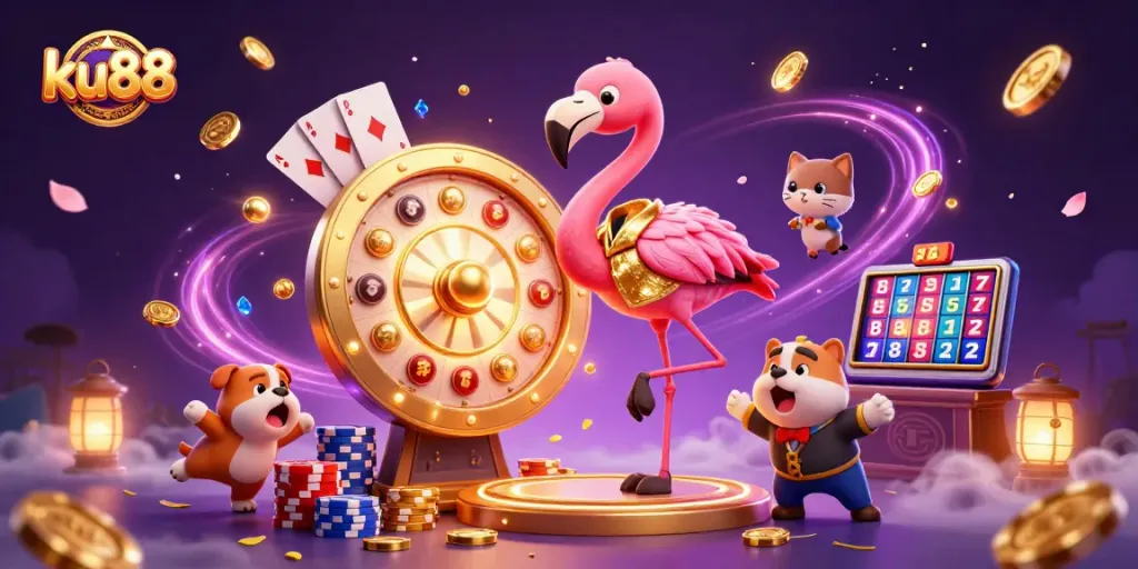 Bet on ku88 with exciting golden prizes and dynamic gameplay elements in a vibrant casino scene.