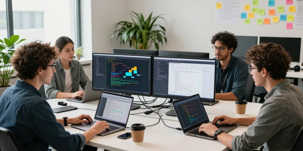 Developers collaborating in a bright workspace using the Telegram Web Version, showcasing teamwork and coding.