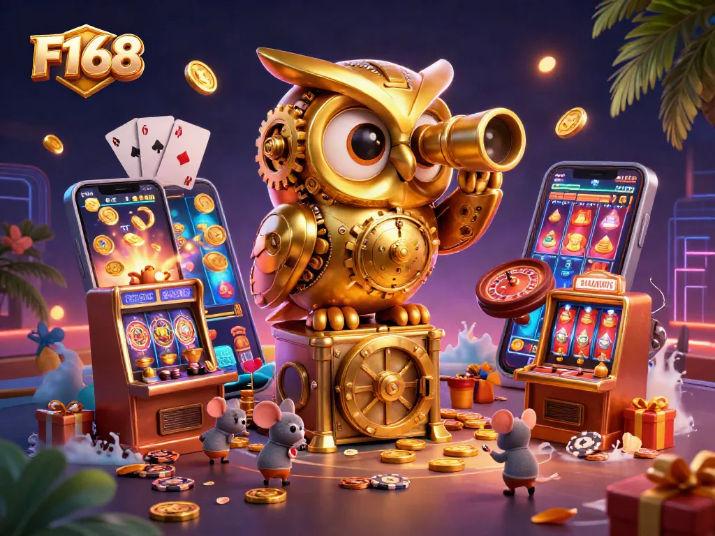 Experience thrilling gameplay at F168 with vibrant slot machines and a whimsical owl mascot.