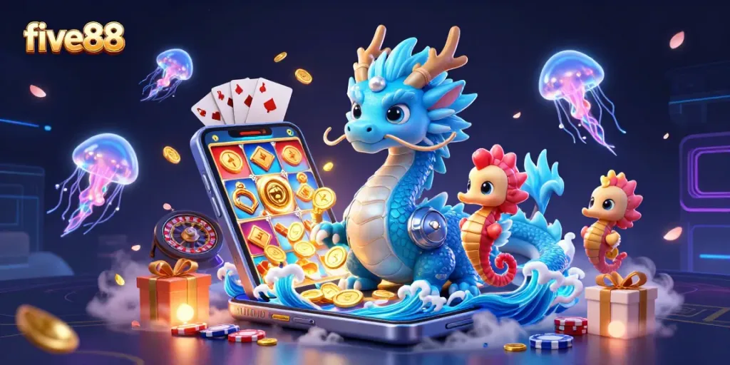 Experience the excitement of five88 with mesmerizing dragon and knight surrounded by vibrant casino elements.