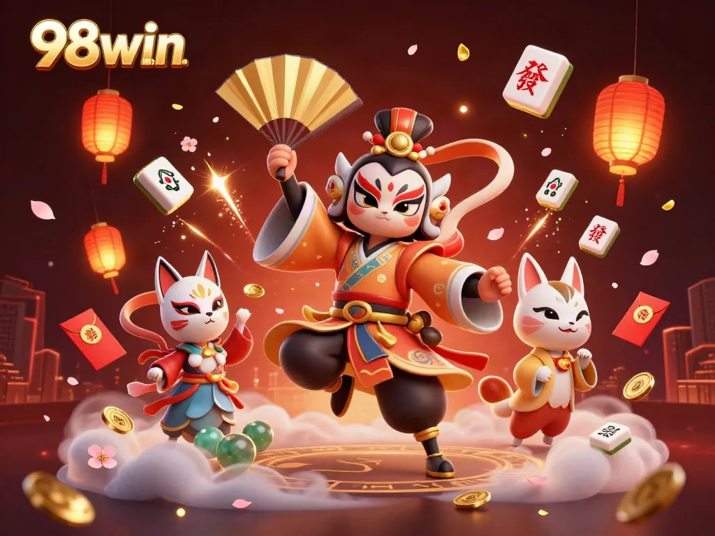 Engaging scene of 98win com, showcasing a kabuki crane warrior and kitsune mask amid colorful games and dynamic elements.