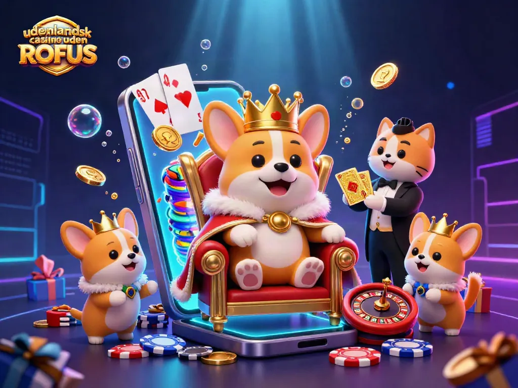 Experience gaming thrills at udenlandsk casino uden ROFUS with a whimsical 3D illustration of a royal corgi surrounded by casino elements.