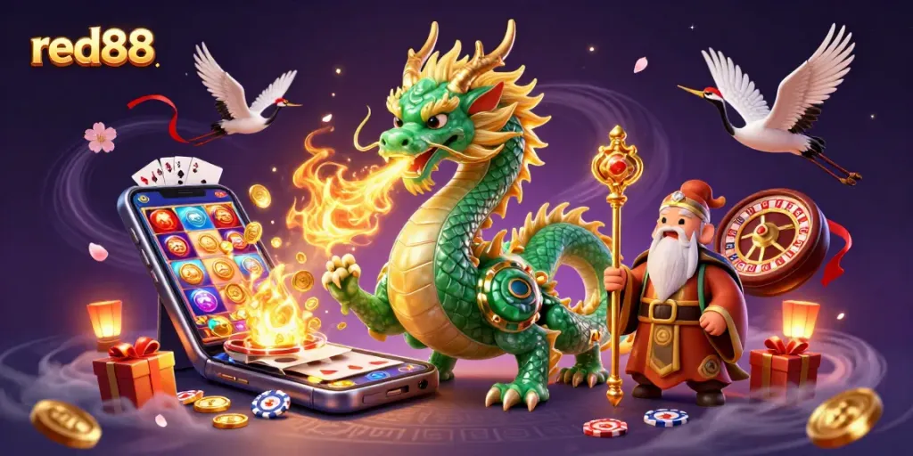 Win big at red88 with a vibrant illustration of a jade dragon, lucky cranes, and dynamic casino elements.