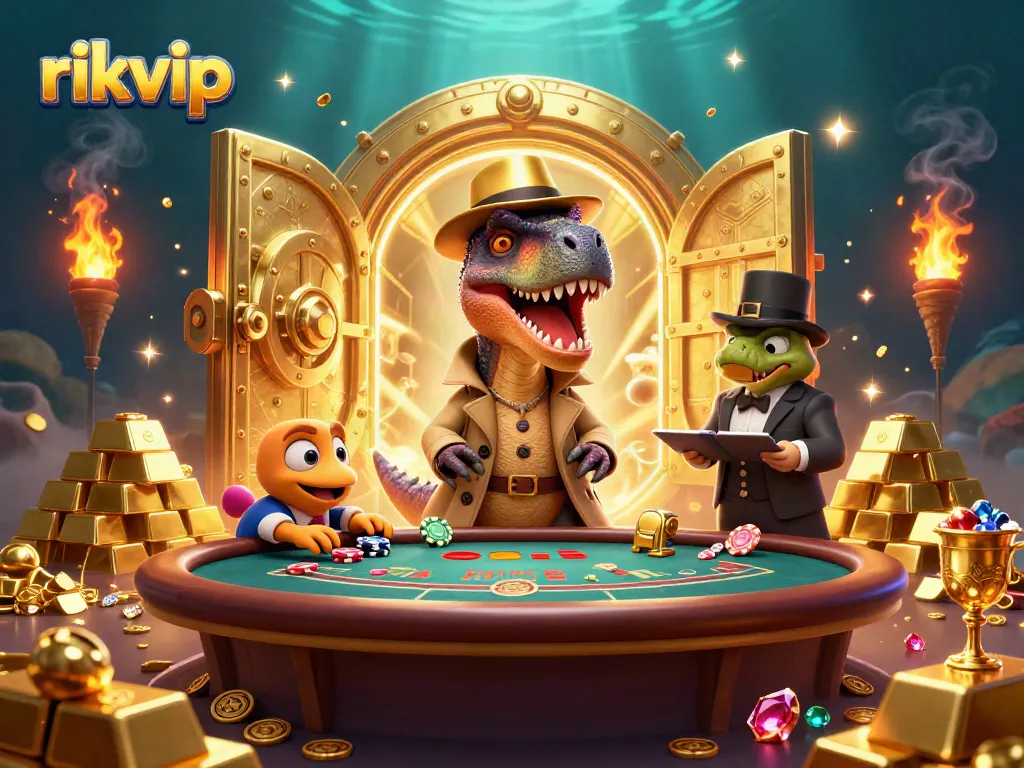 Richly detailed casino scene with rikvip characters, showcasing vibrancy and action in a gambling environment.