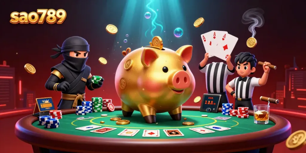 Engage with sao789’s thrilling casino atmosphere featuring a golden piggy bank sumo wrestler amidst poker tables.