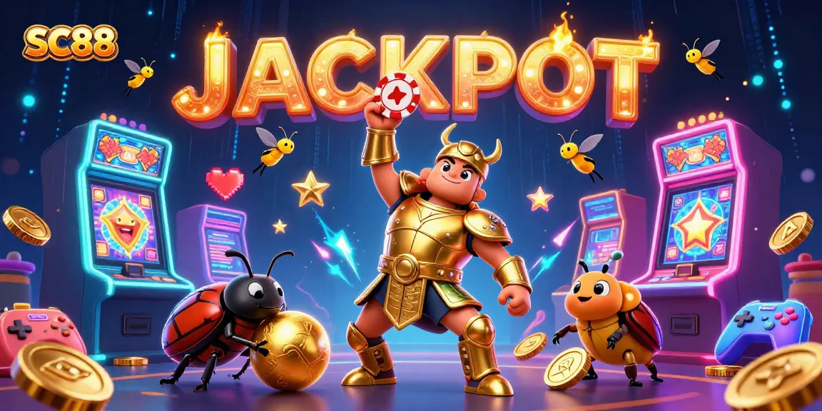 Experience the excitement of SC88 with a vibrant 3D casino illustration featuring victorious characters and slot machines.