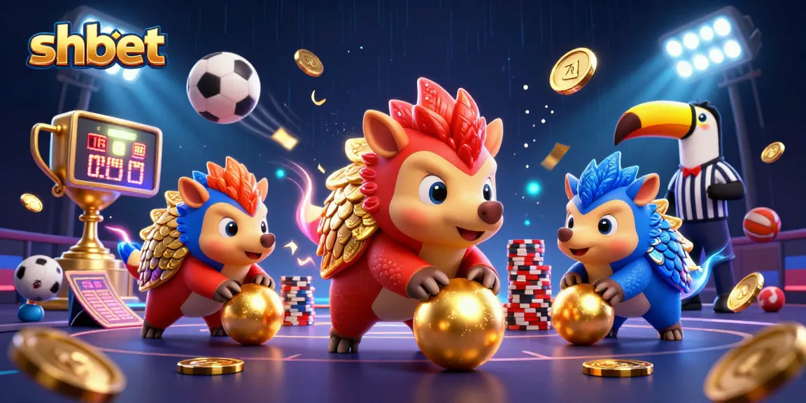 Experience the thrilling action at shbet with dynamic pangolin rivals amidst flying sports balls and casino elements.
