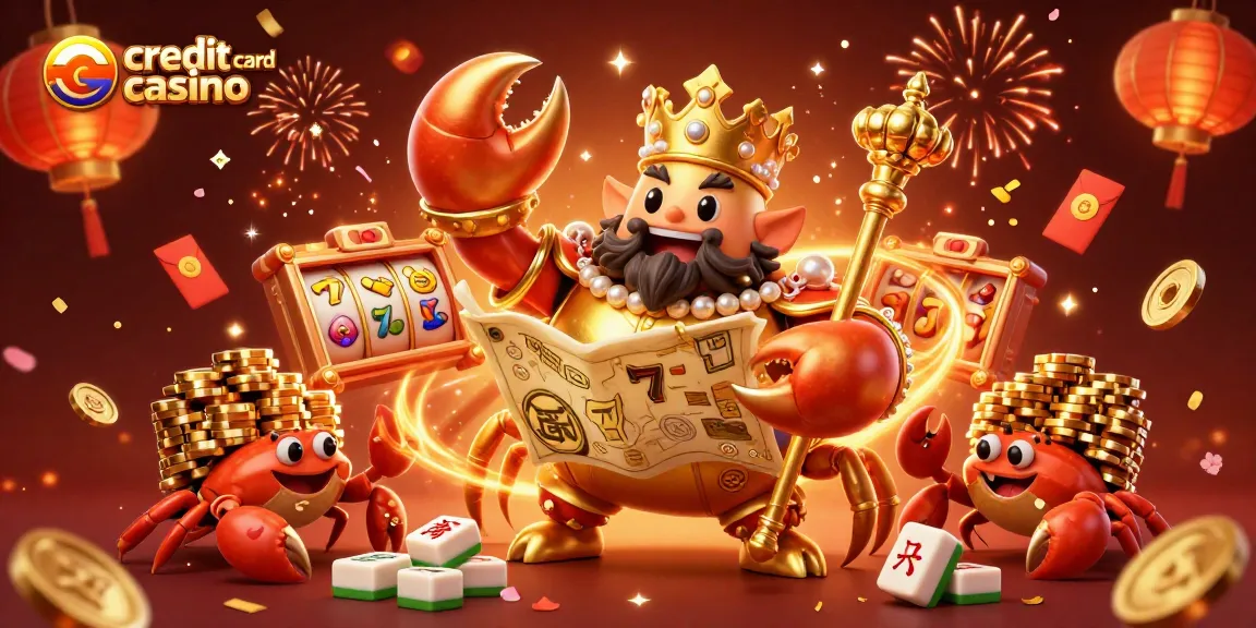 Experience the vibrant energy of a credit card casino with spinning slots and a majestic crab emperor.