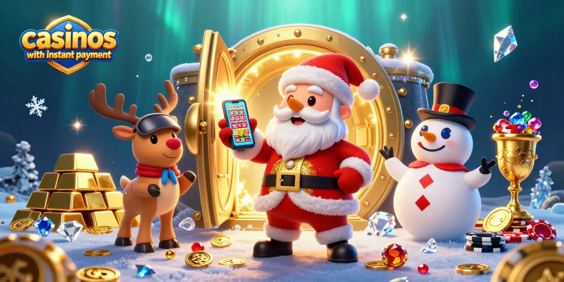 Experience casinos with instant payout and jackpot thrills in this festive 3D casino illustration.