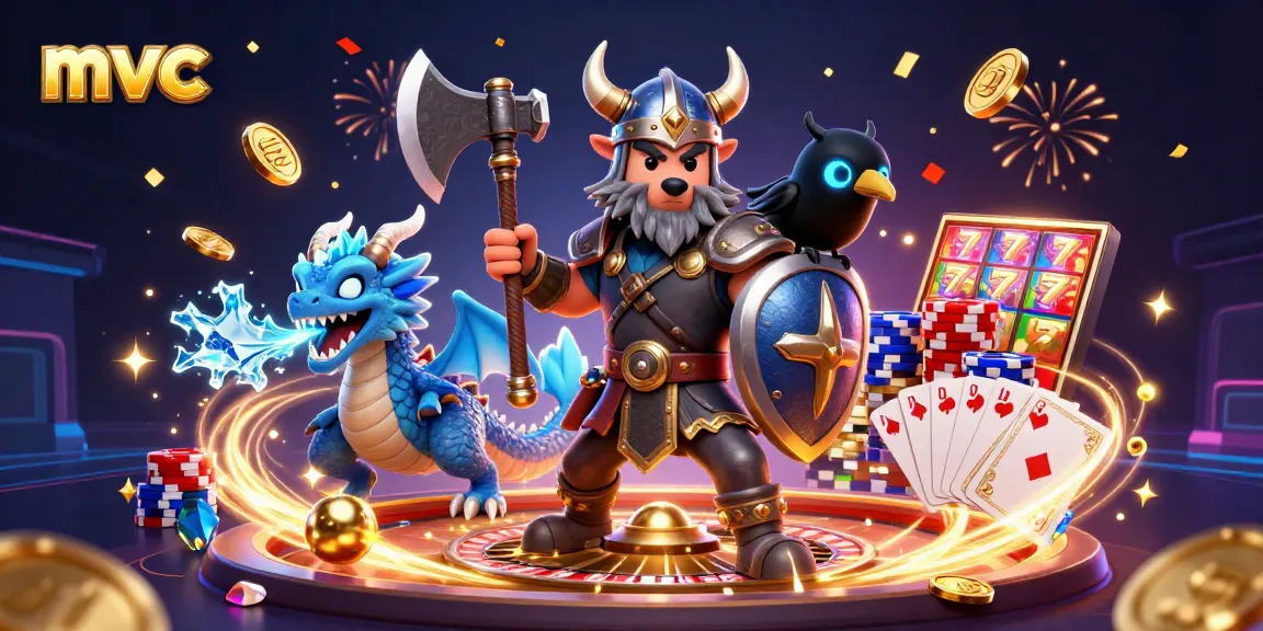 Engaging mvc scene with a Viking wolf warrior, dragon, and raven celebrating in casino action.