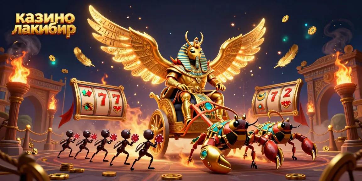Feel the excitement at казино лакибир with a vibrant 3D illustration of a golden scarab and slot symbols!