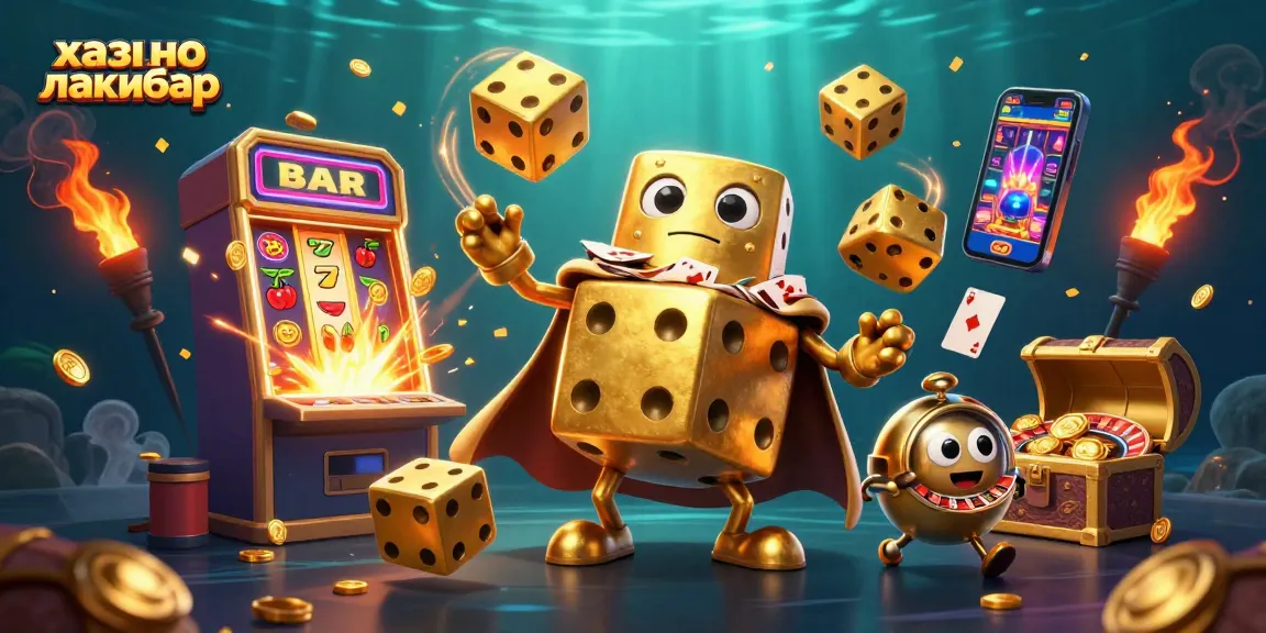 Engage with казино лакибир gaming excitement with a vibrant 3D illustration of a golden dice golem and casino elements.