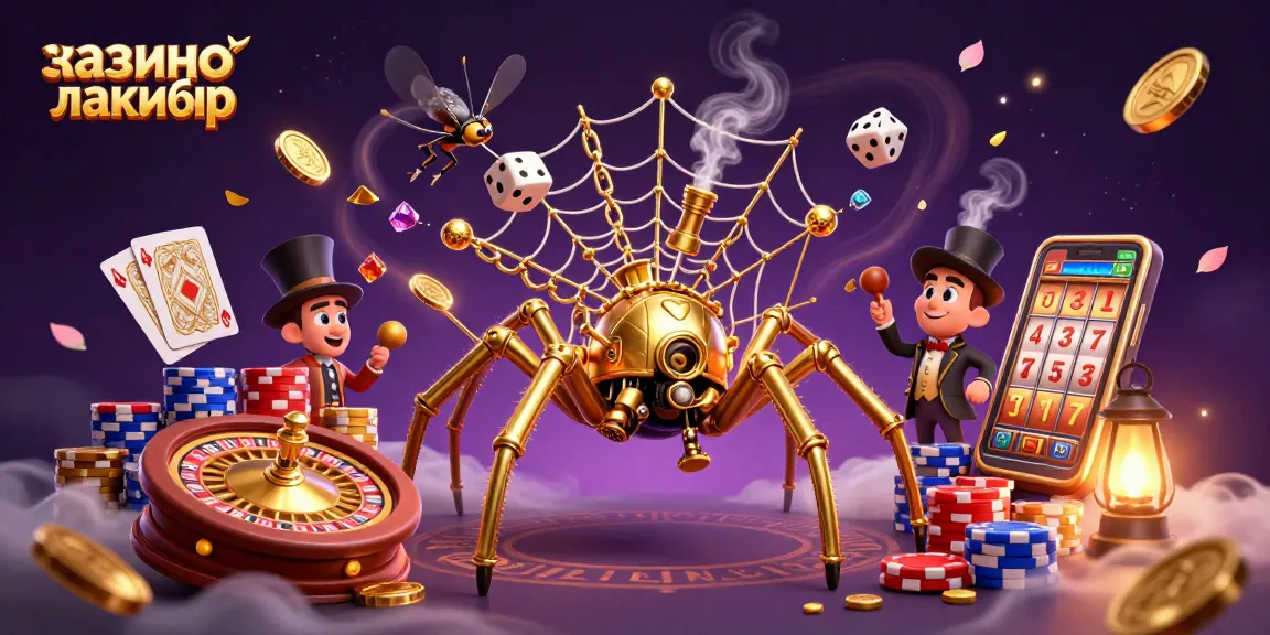 Engage with casino лакибир's thrilling elements, from a golden spider web to sparkling gems in a vibrant 3D scene.