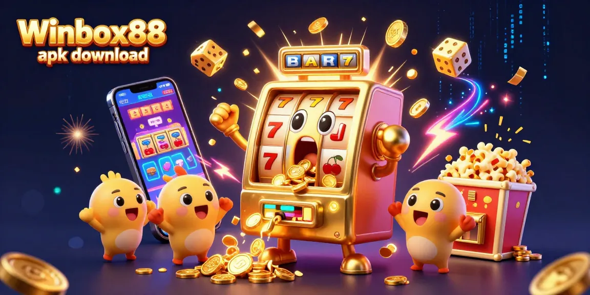 Winbox88 apk download features a golden slot machine celebrating a jackpot surrounded by dynamic casino elements.
